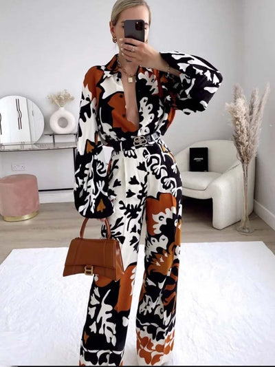 Pants Set Woman 2 Pieces Fashion Printed Shirt Casual Long Sleeve Top Women Pants Sets Ladies Suit