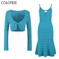 Runway Designer Summer Clothes for Women Elegant V-neck Blue Knitted Cardigan+midi Dress Sets 2 Piece Sets Womens Outfit