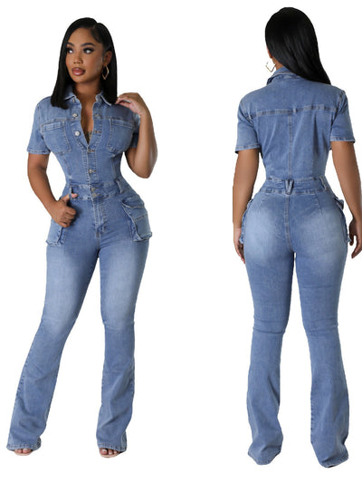 European and American tight waist slim fit elastic stir fried flower washed denim jumpsuit jumpsuit flared pants