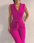 Button up V-neck sleeveless slim fit jumpsuit