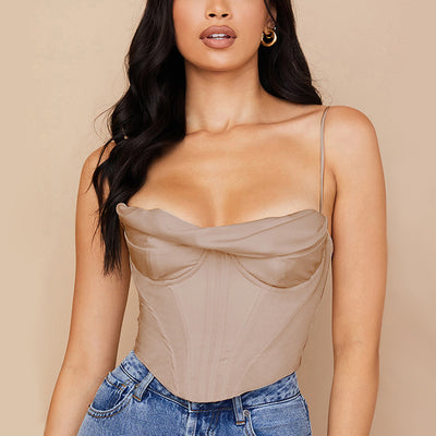 Women's Sexy Pile Collar Satin Fishbone Pleated Camisole Tops