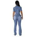 European and American tight waist slim fit elastic stir fried flower washed denim jumpsuit jumpsuit flared pants