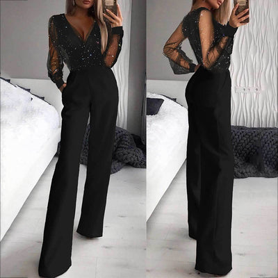 European and American women's mesh powder patchwork jumpsuit