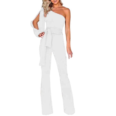 Womail bodysuit Women Summer Casual Solid Long Sleeve Cold Shoulder Jumpsuit Clubwear Wide Leg Jumpsuit