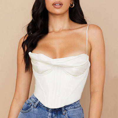 Women's Sexy Pile Collar Satin Fishbone Pleated Camisole Tops