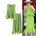 Women Fashion Summer 2 Pieces Set Pleated Sleeveless Tops & Elastic Waist Ruffles Hem Skirt Sets Dress Set Outfits Traf