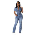 European and American tight waist slim fit elastic stir fried flower washed denim jumpsuit jumpsuit flared pants