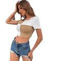 Contrast stitching exposed knitted short-sleeved T-shirt top