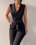 Button up V-neck sleeveless slim fit jumpsuit