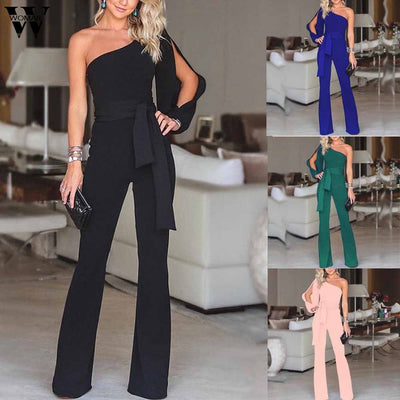 Womail bodysuit Women Summer Casual Solid Long Sleeve Cold Shoulder Jumpsuit Clubwear Wide Leg Jumpsuit