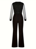 European and American women's mesh powder patchwork jumpsuit