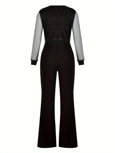 European and American women's mesh powder patchwork jumpsuit