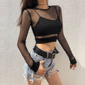 Sexy Fishnet Women Crop Top Summer New Brazilian Solid Mesh Summer Top T Shirts For Women Long Sleeve Top Tees Hot