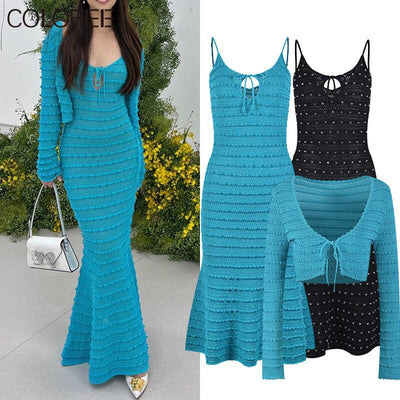 Runway Designer Summer Clothes for Women Elegant V-neck Blue Knitted Cardigan+midi Dress Sets 2 Piece Sets Womens Outfit