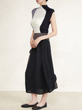 Contrast Color Pleated 2 Pieces Set Turtleneck Sleeveless Slim Tops High Waist Patchwork Skirts Casual