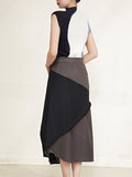 Contrast Color Pleated 2 Pieces Set Turtleneck Sleeveless Slim Tops High Waist Patchwork Skirts Casual