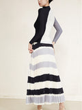 Pleated 2 Pieces Set Gradient Turtleneck Long Sleeves Thin Tops Color Block High Waist Skirts Elegant