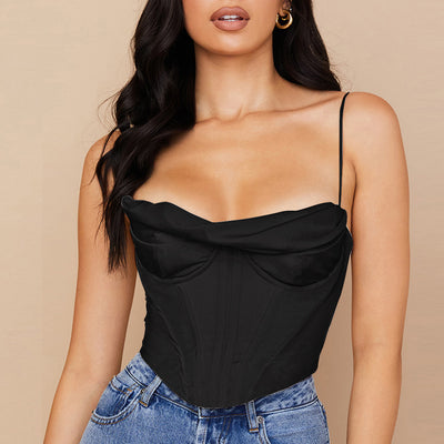 Women's Sexy Pile Collar Satin Fishbone Pleated Camisole Tops