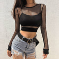 Sexy Fishnet Women Crop Top Summer New Brazilian Solid Mesh Summer Top T Shirts For Women Long Sleeve Top Tees Hot