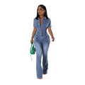 European and American tight waist slim fit elastic stir fried flower washed denim jumpsuit jumpsuit flared pants