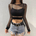 Sexy Fishnet Women Crop Top Summer New Brazilian Solid Mesh Summer Top T Shirts For Women Long Sleeve Top Tees Hot