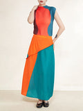 Contrast Color Pleated 2 Pieces Set Turtleneck Sleeveless Slim Tops High Waist Patchwork Skirts Casual