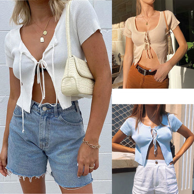 Summer New Lace Up Short Sleeve Street Women's Cardigan Top