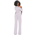 Solid color diagonal collar button up jumpsuit wide leg pants