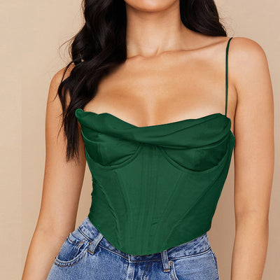 Women's Sexy Pile Collar Satin Fishbone Pleated Camisole Tops