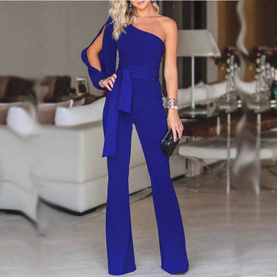 Womail bodysuit Women Summer Casual Solid Long Sleeve Cold Shoulder Jumpsuit Clubwear Wide Leg Jumpsuit