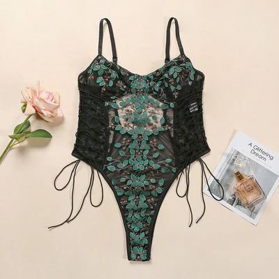 Erotic Lingerie Lace Flower Embroidery Lace-Up Sexy Perspective Temptation Jumpsuit For Women