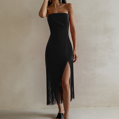 Dress Summer New Tassel Sexy Strapless Split Dress Women