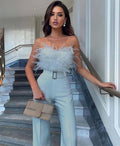 Feather strapless sexy fashion jumpsuit