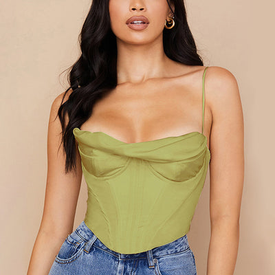 Women's Sexy Pile Collar Satin Fishbone Pleated Camisole Tops