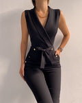 Button up V-neck sleeveless slim fit jumpsuit