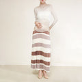 Pleated 2 Pieces Set Gradient Turtleneck Long Sleeves Thin Tops Color Block High Waist Skirts Elegant