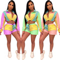 Wjustforu Casual Patchwork Two Piece Set Women Matching Sets Hooded Top and Biker Shorts Bodycon Sporting Tracksuit Vestidos