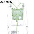 ALLNeon E-Girl Tie Dye Backless Bandage Party Tops Fashion Summer Hollow Out Sexy Camis Tops Chic Vintage Sweet Green Crop Tops